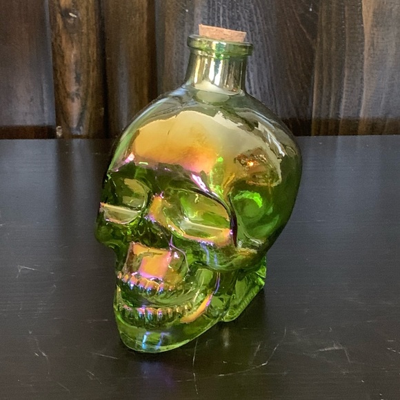 Other - Glass Art Iridescent Green Halloween Skull Bottle with Cork